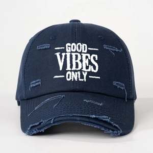 Detail of distressed navy baseball cap with white Good Vibes Only embroidery