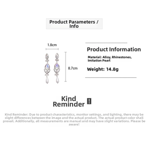 Detailed dimensions of rhinestone drop earrings with imitation pearls, measuring 1.8x8.7cm