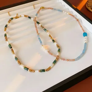 Square aquamarine pearl beaded necklace with vintage boho style and gold lobster clasp