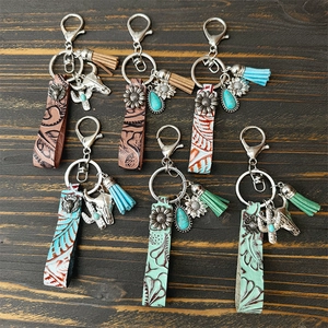 Porte-Clés En Cuir Cowboy Western Peau De Vache Gaufrée Avec Breloques Alliage Pendentif Turquoise Franges Rétro