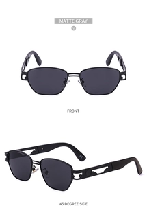 Detailed side view of matte gray steampunk sunglasses featuring intricate hollow temples