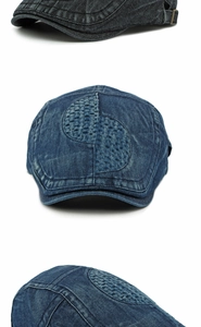 Three-view detail of dark blue washed denim flat cap with curved grid embroidery