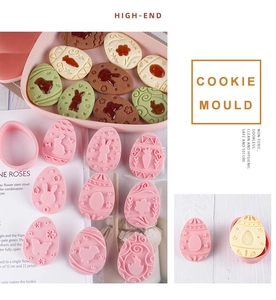 Detail of Easter egg cookie cutters with rabbit and carrot patterns for DIY baking