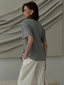 Back view of a grey cotton T-shirt with pearl necklace print and relaxed fit style
