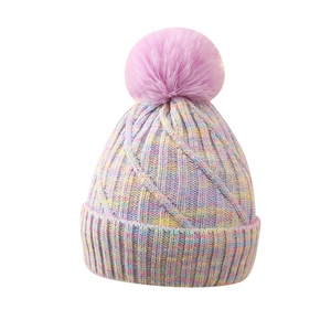 Bunte Winter-Strickmütze für Mädchen mit Pompon und warmem Fleecefutter für den Ski