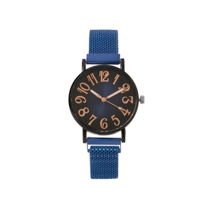 Orologio minimalista da donna con quadrante blu, numeri oro rosa e cinturino in maglia