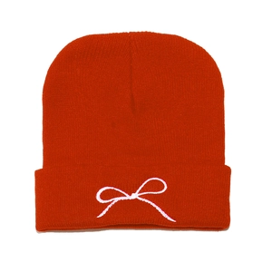 Classic red knitted beanie with white bow embroidery for outdoor cycling and warmth