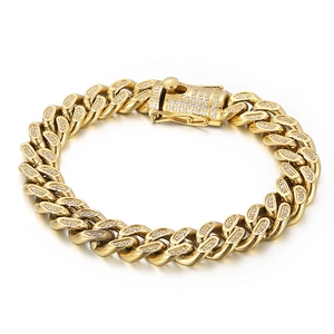 Iced Out Cuban Link Chain Necklace And Bracelet Stainless Steel Bling Rhinestone Hip Hop Jewelry For Men