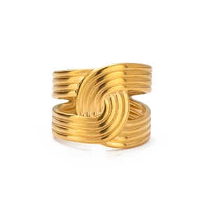 Minimalist 18K gold plated wide textured open ring for women with high-gloss metallic finish