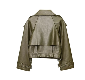 Rear view of an olive green faux leather biker jacket showing premium grain texture