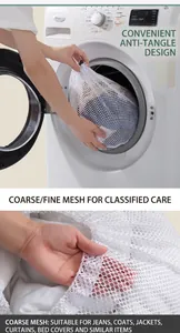 Close-up of white mesh laundry bag showing coarse texture and drawstring closure detail