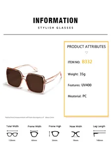 Size chart for oversized square sunglasses with PC frame and UV400 protection data