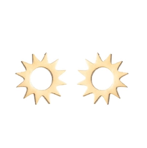 Macro shot of gold sunburst stud earrings with cutout center and radiating starburst rays