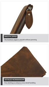 Detail showing the smooth metal zipper and precision stitching on the vintage brown leather