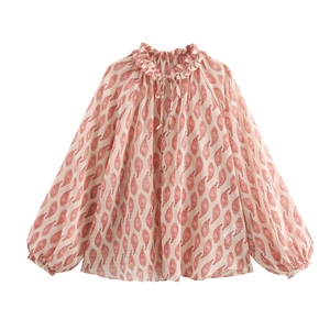 Vintage Paisley Print Blouse Metallic Wire Chiffon Ruffle Neck Tie Up Long Lantern Sleeve Boho Top Women