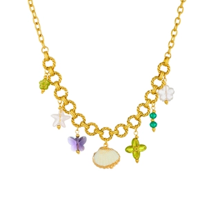 Collier en acier inoxydable doré avec pendentifs papillon coquillage et trèfle