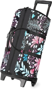 Close-up of floral travel duffel bag with retractable handle and smooth rolling wheels