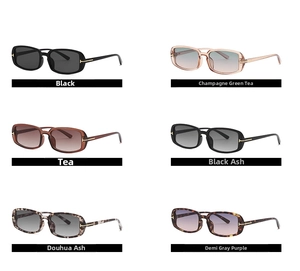 Detailed grid of rectangle sunglasses featuring various colors and metal T-shaped hinges