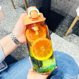 Close-up of Tritan water bottle with orange flip-top lid and built-in straw detail