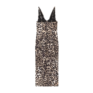 Women's leopard print slip dress with black lace trim and slim fit silhouette
