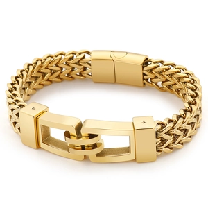 Men's golden titanium steel woven chain bracelet with magnetic buckle on white background