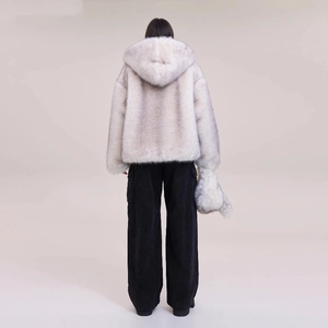 Back view of a grey-white faux fur hoodie with a wide fit and gradient plush texture