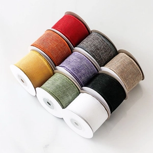 Faux linen ribbon rolls in 9 vibrant colors with wired edges for Christmas DIY decoration