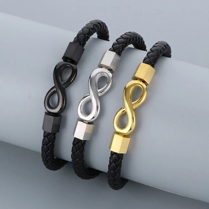 Men's Fashion Braided Artificial Leather Bracelet Infinity Symbol Titanium Steel Magnet Clasp Personalized Jewelry Hand Rope