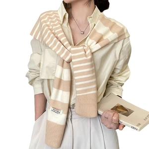 Elegant beige and white striped knitted shawl wrap for women, stylish spring accessory