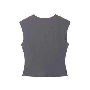 Women's gray sleeveless tailored vest top with back view in a minimalist office style