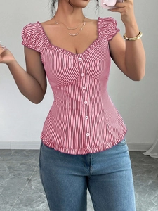 Elegant red and white striped cardigan blouse with puff sleeves and button detail
