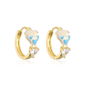 18K gold plated heart earrings with blue drip oil pattern and sparkling zircon stones