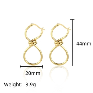 Detail view of 18K gold plated infinity knot earrings with size and weight dimensions