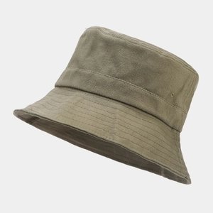 Detail of olive green cotton bucket hat with ventilation holes and stitched brim