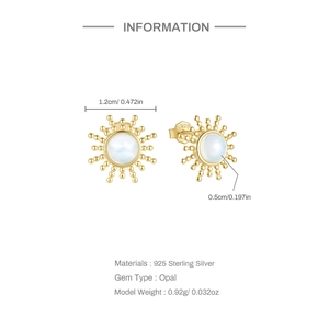 Detailed view of S925 sterling silver opal sun flower earrings with exact dimensions