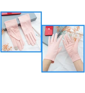 Pink sun protection cotton gloves featuring touchscreen-compatible fingertips for women
