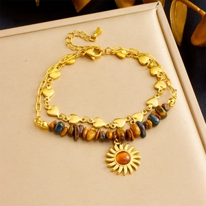 Bracelet Double Couche Acier Inoxydable Oeil De Tigre Pierre Chaîne Coeur Pendentif Soleil Bijoux Bohème Vintage Pour Femmes