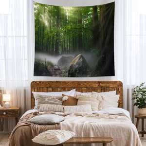 Forest tapestry wall hanging with aurora mist displayed as bedroom headboard decor