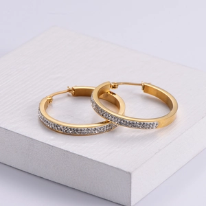 Elegant gold round hoop earrings for women with sparkling white rhinestones inlay
