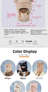 Detailed size chart and multi-color views of kids winter fleece bear hood with neck warmer