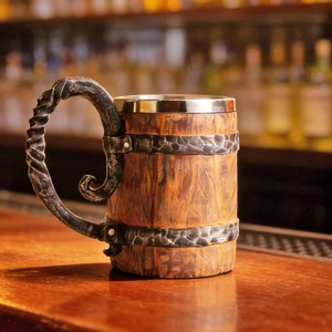 Medieval Viking Wooden Barrel Beer Mug With 304 Stainless Steel Liner Retro Tankard Cup For Bar And Home Decor