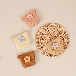 Kids cute straw woven crossbody bag with checkered sunflower decoration in various colors