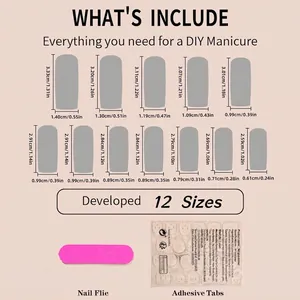 Sizing chart for extra long press-on nails with 12 sizes, nail file, and adhesive tabs
