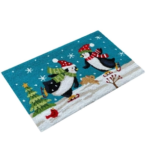 Christmas penguin and tree thick tufted faux cashmere non-slip rug on white background