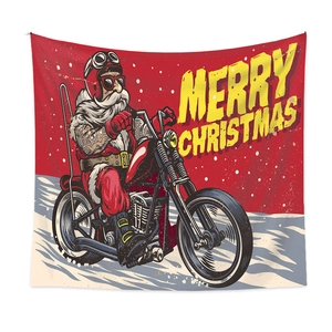 Detail of Bohemian Christmas tapestry featuring a cool Santa on a vintage motorcycle