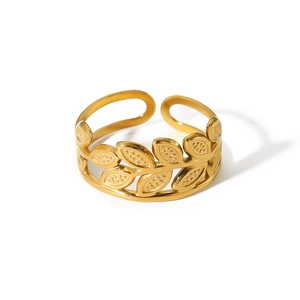 Elegant 18k gold plated stainless steel open ring with leaf vine and hollow geometry