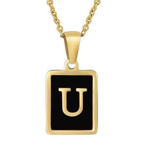 Minimalist 18K gold plated stainless steel necklace with black enamel square letter U pendant