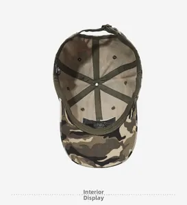 Detail shot of camo baseball cap interior showing sweatband and reinforced seams
