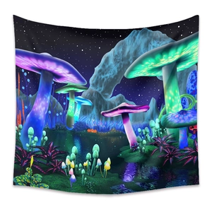 Bohemian fantasy mushroom tapestry with neon forest and starry night for wall decoration