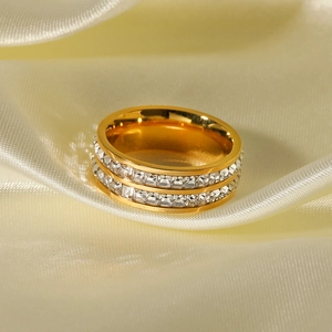 Elegant 18k gold plated stainless steel ring with double row cubic zirconia crystals